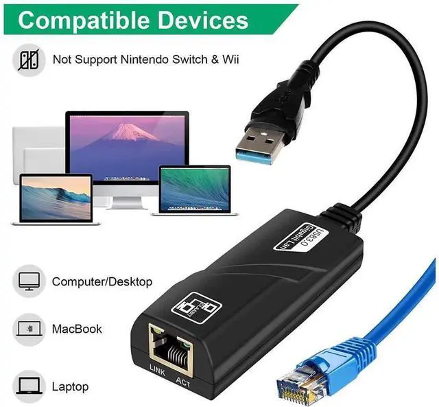 Alt view image 4 of 7 - USB 3.0 to Gigabit Ethernet RJ45 LAN Network Adapter, 10/100/1000Mbps USB Ethernet Converter Compatible with MacBook, Laptop, Desktop PC, Supports Windows, Linux, Mac OS, Model:eokCXOY