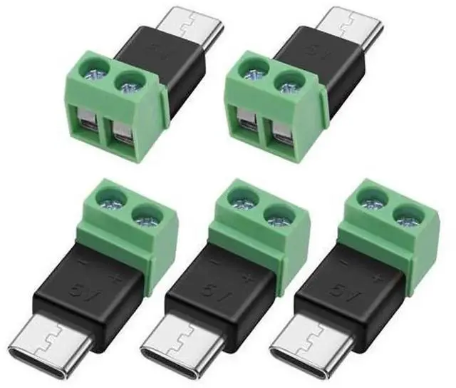 Main image of 5 Pack USB Type-C Solderless Power Connector Adapter, USB-C Male to 2 Pin Screw Terminal Block, No Soldering Required 5V 1.5A Terminal Connector for DIY Charging, Equipment Power Supply and Cable Repa