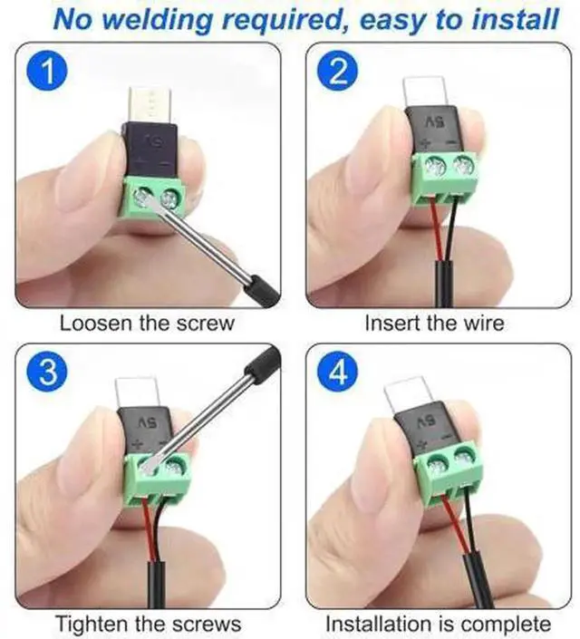 Alt view image 4 of 6 - 5 Pack USB Type-C Solderless Power Connector Adapter, USB-C Male to 2 Pin Screw Terminal Block, No Soldering Required 5V 1.5A Terminal Connector for DIY Charging, Equipment Power Supply and Cable Repa