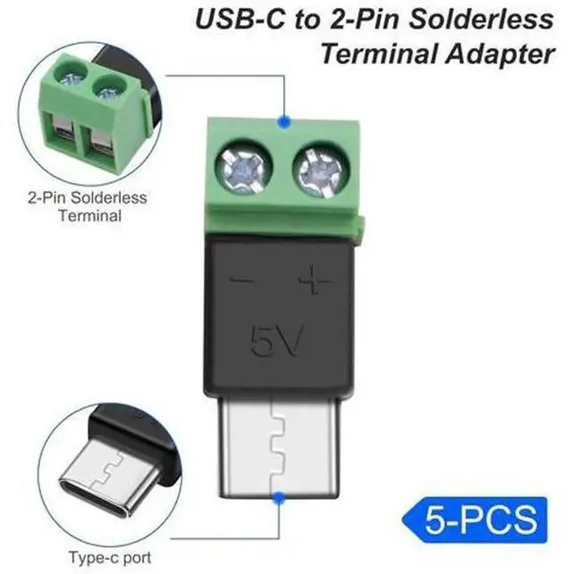 Alt view image 2 of 6 - 5 Pack USB Type-C Solderless Power Connector Adapter, USB-C Male to 2 Pin Screw Terminal Block, No Soldering Required 5V 1.5A Terminal Connector for DIY Charging, Equipment Power Supply and Cable Repa