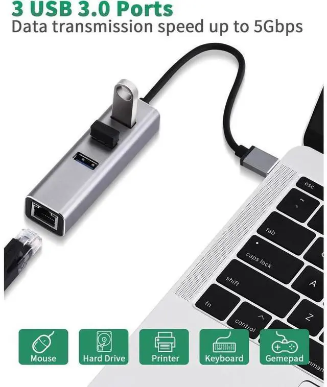 Alt view image 2 of 7 - 4 in 1 USB 3.0 Multiport Hub with Gigabit Ethernet Adapter, 1000Mbps RJ45 LAN Network Converter with 3 USB3.0 Ports, Compatible with Laptop, PC, Windows, Linux, MacOS and More