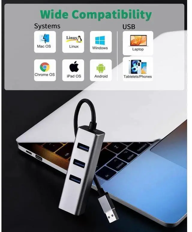 Alt view image 7 of 7 - 4 in 1 USB 3.0 Multiport Hub with Gigabit Ethernet Adapter, 1000Mbps RJ45 LAN Network Converter with 3 USB3.0 Ports, Compatible with Laptop, PC, Windows, Linux, MacOS and More