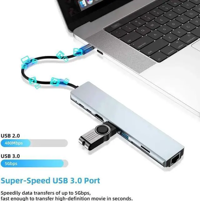 Alt view image 2 of 7 - 8in1 USBC Hub Multiport Adapter, TypeC Docking Station with 4K HDMI, RJ45 Ethernet, 2×USB3.0, SD/TF Card Reader, 87W PD Charging for MacBook, iPad Pro, USBC Laptops