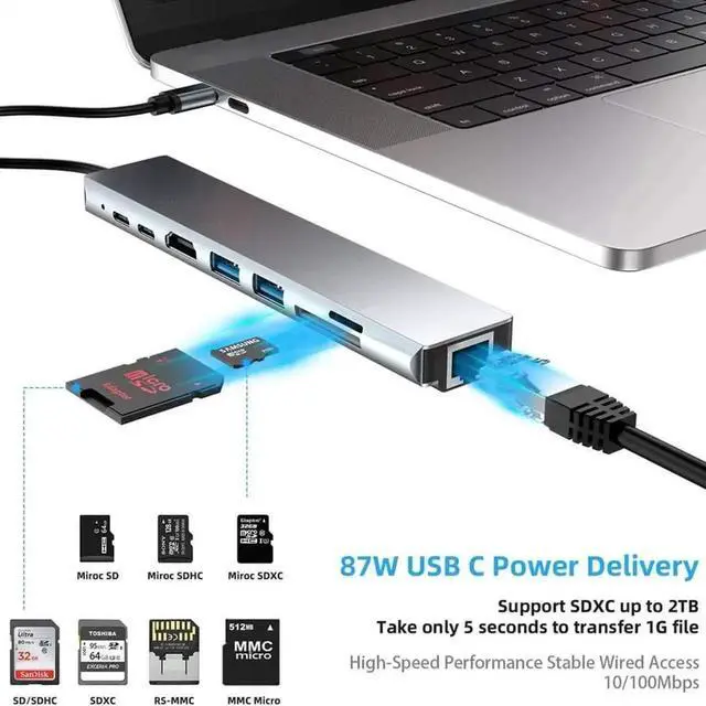 Alt view image 6 of 7 - 8in1 USBC Hub Multiport Adapter, TypeC Docking Station with 4K HDMI, RJ45 Ethernet, 2×USB3.0, SD/TF Card Reader, 87W PD Charging for MacBook, iPad Pro, USBC Laptops