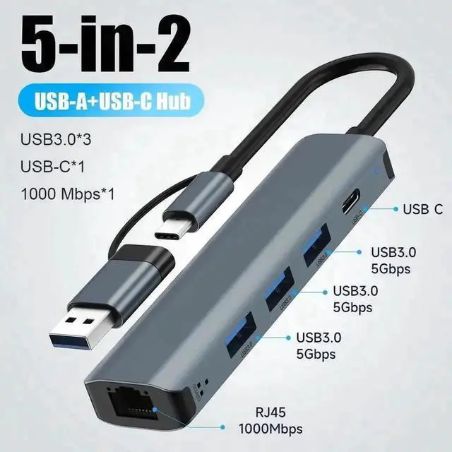 Main image of 5in1 USBA/C Gigabit Ethernet Adapter, Aluminum Multiport Hub with 3×USB3.0, USBC Port & 10/100/1000Mbps RJ45 LAN Converter for Laptops, Surface Pro, Chromebook, Dell Notebook PCs