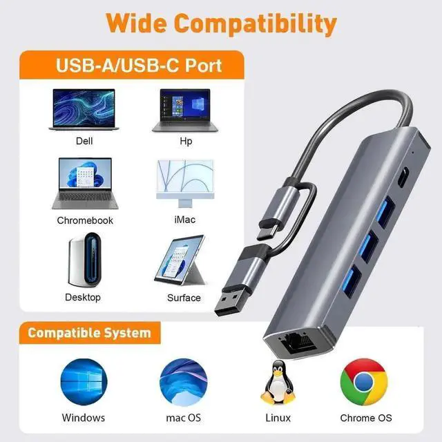 Alt view image 6 of 7 - 5in1 USBA/C Gigabit Ethernet Adapter, Aluminum Multiport Hub with 3×USB3.0, USBC Port & 10/100/1000Mbps RJ45 LAN Converter for Laptops, Surface Pro, Chromebook, Dell Notebook PCs