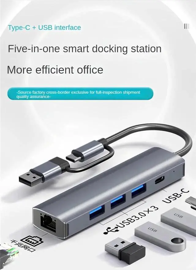 Alt view image 3 of 7 - 5in1 USBA/C Gigabit Ethernet Adapter, Aluminum Multiport Hub with 3×USB3.0, USBC Port & 10/100/1000Mbps RJ45 LAN Converter for Laptops, Surface Pro, Chromebook, Dell Notebook PCs