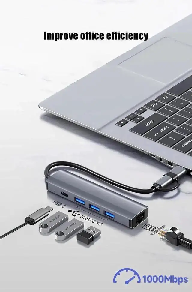 Alt view image 4 of 7 - 5in1 USBA/C Gigabit Ethernet Adapter, Aluminum Multiport Hub with 3×USB3.0, USBC Port & 10/100/1000Mbps RJ45 LAN Converter for Laptops, Surface Pro, Chromebook, Dell Notebook PCs