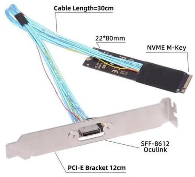 Alt view image 5 of 7 - Oculink SFF8612 to PCIE 4.0 NVMe M.2 MKey Host Extension Cable Adapter, Comes with 8cm LowProfile & 12cm Standard Slot Bracket for External Graphics Card eGPU and NVMe SSD Expansion