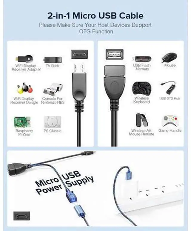 Alt view image 4 of 7 - 2Pack 2in1 Micro USB OTG Cable with Power Input, Simultaneous Data & Power Supply OTG Adapter for Fire Stick 4K, PlayStation Classic, Micro USB Host Devices, Connect USB Drives, Mouse & Keyboards