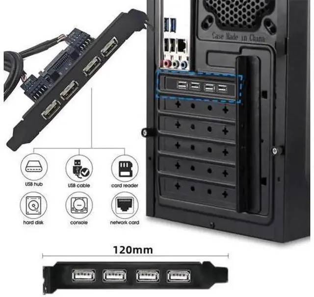 Alt view image 7 of 7 - 4Port USB 2.0 Front Panel Header Extension Cable 30cm, 9Pin 2 Male to 4 USB 2.0 Female with 120mm PCIE Slot Bracket, PC Chassis Back Panel USB Port Expansion Adapter