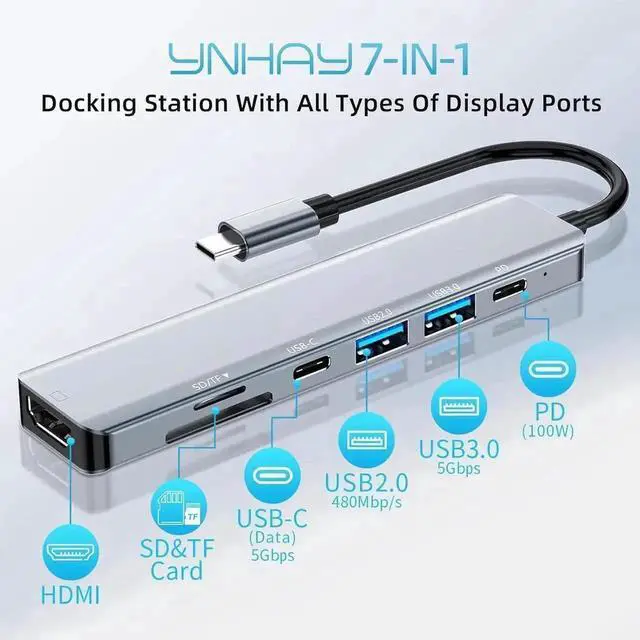 Alt view image 6 of 7 - 7in1 USBC Multiport Hub Docking Station with 4K HDMI, USBC, USB3.0, USB2.0, 100W PD Charging, SDTF Card Reader for MacBook Air Pro, iPad, Windows Laptop, Steam Deck, Switch