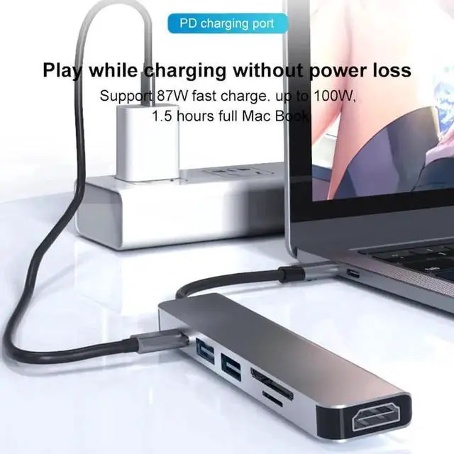 Alt view image 7 of 7 - 6in1 USBC Multiport Hub Adapter with 4K@30Hz HDMI, SDTF Card Reader, Dual USB3.0, 87W PD Charging, Docking Station for MacBook Pro, Galaxy S Series, Chromebook and XPS Laptops