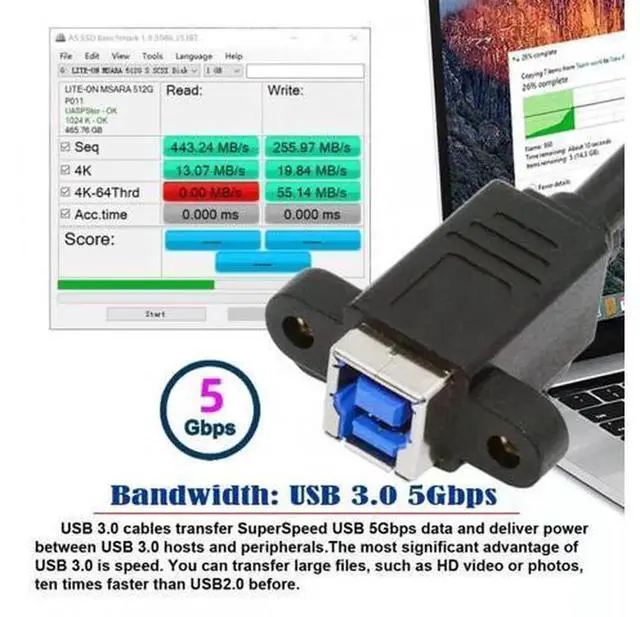 Alt view image 5 of 5 - 30cm USB 3.0 TypeB Female to USBC Male Extension Cable, 5Gbps HighSpeed Data Transfer Cord for SSD Drives, External Disk, Cameras, Printer & USBC Host Device Connection