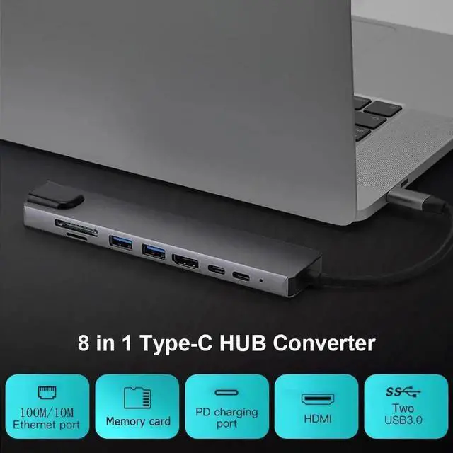 Alt view image 2 of 7 - 8in1 USBC Multiport Hub Dock Adapter, TypeC Docking Station with 4K HDMI, RJ45 Ethernet, PD Charging, TypeC Port, 2×USB3.0, SD & TF Card Reader for MacBook Pro and USBC Laptops