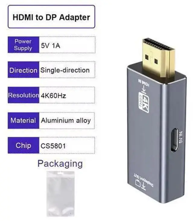 Alt view image 4 of 5 - HDMI to DisplayPort Adapter 4K@60Hz UniDirectional Video Converter, Aluminum Housing Plug & Play Adapter, Convert HDMI Source from PC PS5 Xbox to DisplayPort Monitor Projector Display Device