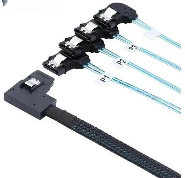 Main image of HighSpeed RightAngled Mini SAS HD SFF8087 to LeftAngled 4SATA 7Pin Internal Server Breakout Cable for RAID HBA Controller HDD SSD Backplane Storage Connection