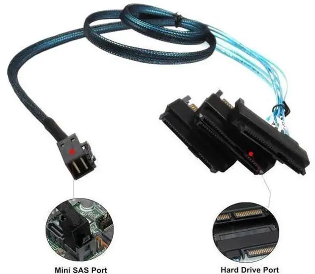 Alt view image 3 of 5 - SFF8643 Internal Mini SAS HD to 4×SFF8482 29Pin Breakout Cable with SAS 15Pin Power Port, 12Gbps 1M / 3.3FT Server Storage Cable for RAID HBA Controller HDD SSD Backplane Connection