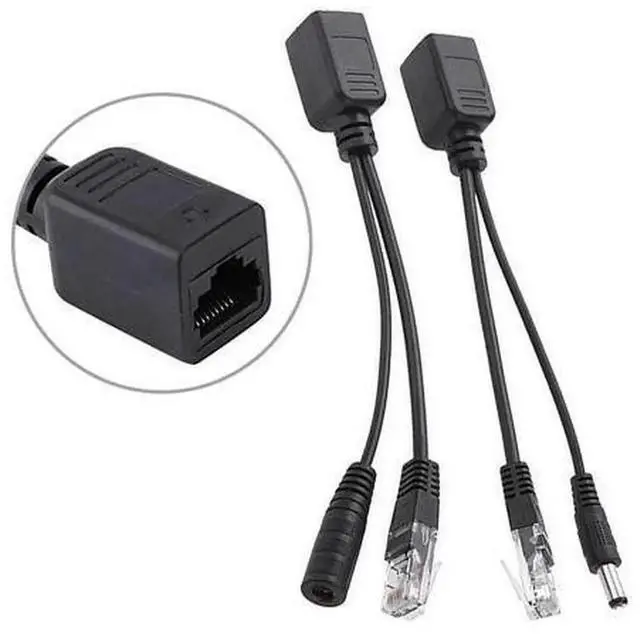 Main image of 2Pcs Passive PoE Injector Splitter Cable Kit, RJ45 LAN DC Male Power Over Ethernet Adapter Black, Passive POE Power Supply for IP Security Camera, Ordinary Network Switch Surveillance Accessory