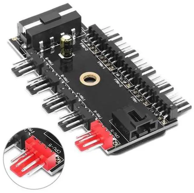 Alt view image 3 of 5 - 10Port PC Chassis PWM Fan Hub, DC12V 4Pin Fan Controller with Molex Power Input, MultiFan Splitter Adapter for Desktop PC CPU Cooling, Case Internal Thermal Modding Accessory
