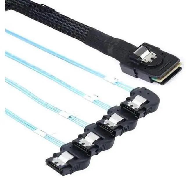 Main image of MiniSAS HD SFF8087 to 4×SATA RightAngle Breakout Cable, Latching Internal Server Harness Cord for RAID Controller HBA Card MultiHardDrive Storage Connection