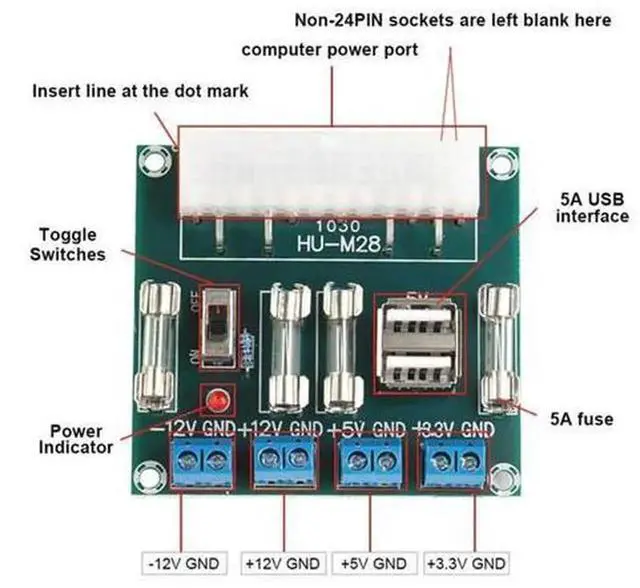 Alt view image 4 of 7 - ATX Transfer Board Power Adapter Supply Test Module, Desktop ATX Power Supply Circuit Outlet Breakout Module, 24Pin ATX Power Test Board for PC Power Source Detection, Hardware Debugging & DIY Modific