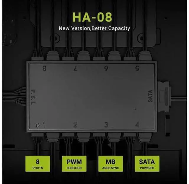Alt view image 7 of 7 - IDCOOLING HA08 Fan Hub, 8PWM + 8ARGB Ports SATAPowered Fan Adapter, 5V ARGB Motherboard Sync Splitter for PC Case Internal Cooling Fan Cable Management