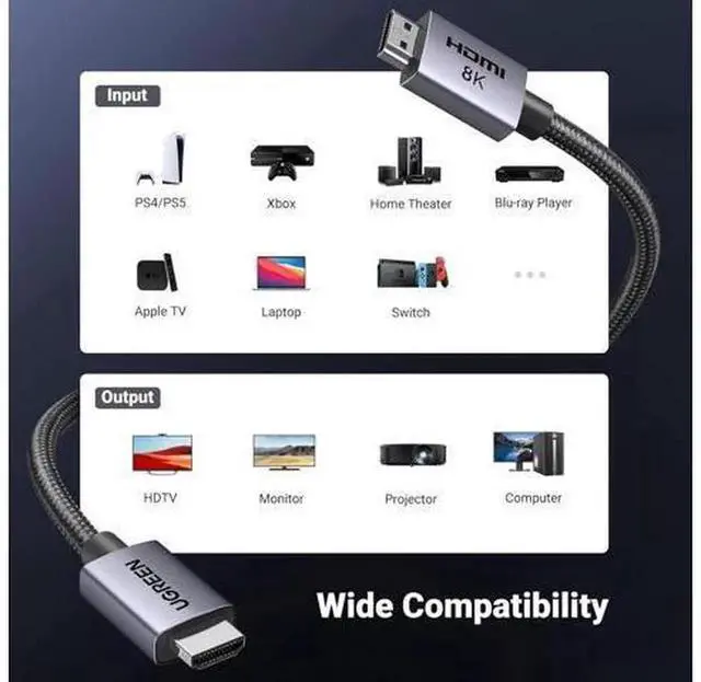 Alt view image 7 of 7 - UGREEN Certified UltraHighSpeed HDMI 2.1 Cable 48Gbps 6.6FT Aluminum Shell, Supports 8K@60Hz 4K@240Hz 10K, HDCP2.2/2.3 eARC HDR10 Dolby for Game Console TV Monitor