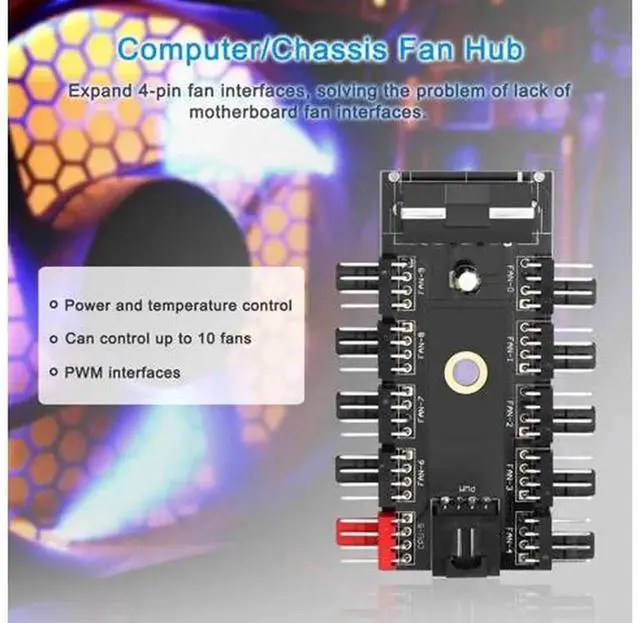 Alt view image 2 of 5 - 10Port 4Pin PWM Fan Hub, 12V PC Chassis CPU Cooling Fan Controller Hub Powered by Molex Connector, MultiWay Splitter for Desktop Case PWM Cooling Fans Speed Synchronization