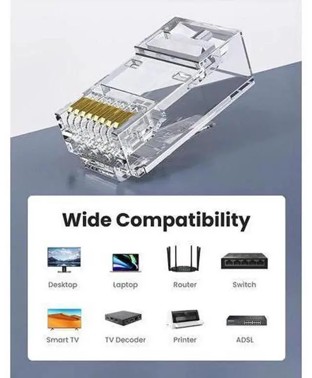 Alt view image 6 of 7 - UGREEN 50Pack PassThrough RJ45 Connectors, Cat5e Cat6 8P8C UTP Crystal LAN Plugs, GoldPlated Ethernet Crimp Network Plugs for Custom DIY Home Office Surveillance Network Cables