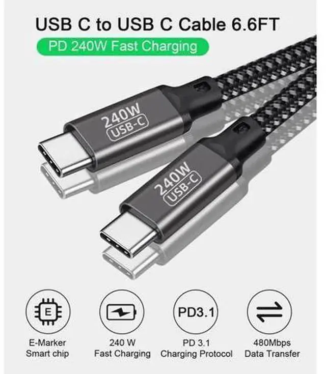 Alt view image 2 of 7 - 240W PD3.1 USBC to USBC Cable 6.6ft / 2M, 48V 5A Nylon Braided Fast Charging Cord, TypeC Charger Cable for MacBook Pro, iPad Pro, Galaxy S22/A10 and More USBC Devices