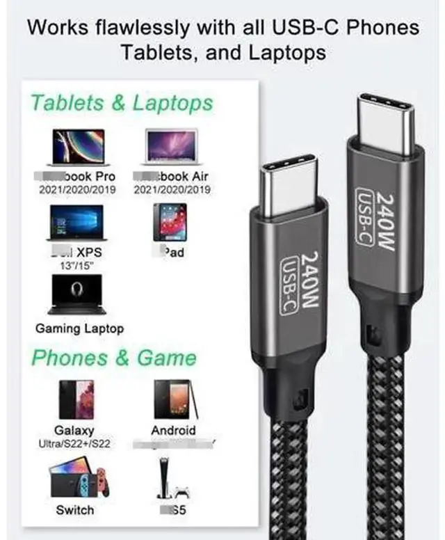 Alt view image 5 of 7 - 240W PD3.1 USBC to USBC Cable 6.6ft / 2M, 48V 5A Nylon Braided Fast Charging Cord, TypeC Charger Cable for MacBook Pro, iPad Pro, Galaxy S22/A10 and More USBC Devices
