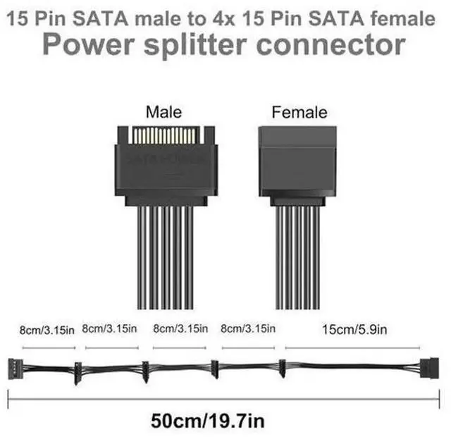 Alt view image 7 of 7 - 2Pack SATA Power Splitter Cable 15Pin Male to 5×Female, 19.7in / 500mm Black 1to5 SATA Power Extension Cord, Powers Multiple HDD SSD Optical Drives for PC Desktop Internal Storage Expansion
