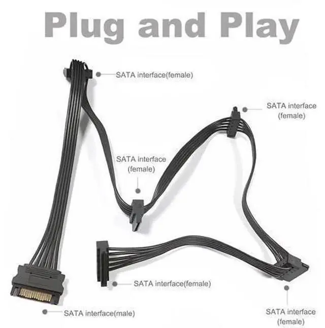Alt view image 4 of 7 - 2Pack SATA Power Splitter Cable 15Pin Male to 5×Female, 19.7in / 500mm Black 1to5 SATA Power Extension Cord, Powers Multiple HDD SSD Optical Drives for PC Desktop Internal Storage Expansion