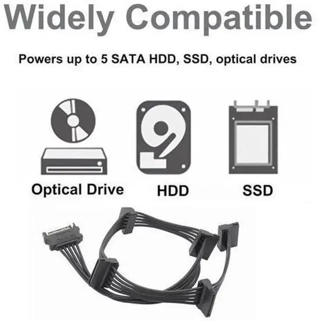 Alt view image 3 of 7 - 2Pack SATA Power Splitter Cable 15Pin Male to 5×Female, 19.7in / 500mm Black 1to5 SATA Power Extension Cord, Powers Multiple HDD SSD Optical Drives for PC Desktop Internal Storage Expansion