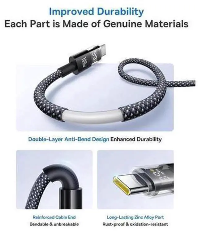 Alt view image 4 of 6 - 100W 5A USBC to USBC Cable with LED Power Display, Zinc Alloy Nylon Braided Fast Charging Cord for iPhone 16 Pro/Plus/Pro Max, MacBook, iPad Pro, Galaxy S24 S23, USBC Devices, 3.3FT
