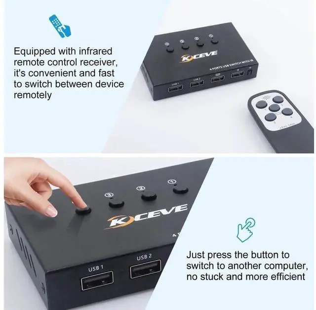 Alt view image 5 of 7 - eokCXOY USB 2.0 Switch Selector, 4In4Out USB KVM Switcher for 4 Computers Sharing 4 USB Devices, Control Mouse Keyboard Scanner Printer, Comes with Remote Control (Battery Not Included)