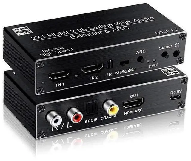Main image of Torpedo Nova 2x1 HDMI Switch with Audio Extractor, 4K@60Hz HDR HDMI 2.0b Switcher, ARC Supported, OpticalCoaxialRCA3.5mm Audio Output, HDCP 2.2, AutoSwitching with IR Remote for Home Theater