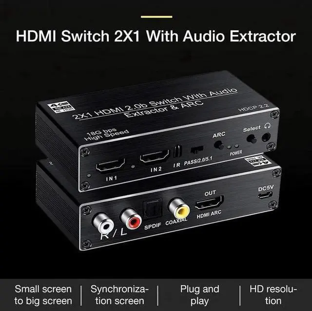 Alt view image 6 of 7 - Torpedo Nova 2x1 HDMI Switch with Audio Extractor, 4K@60Hz HDR HDMI 2.0b Switcher, ARC Supported, OpticalCoaxialRCA3.5mm Audio Output, HDCP 2.2, AutoSwitching with IR Remote for Home Theater