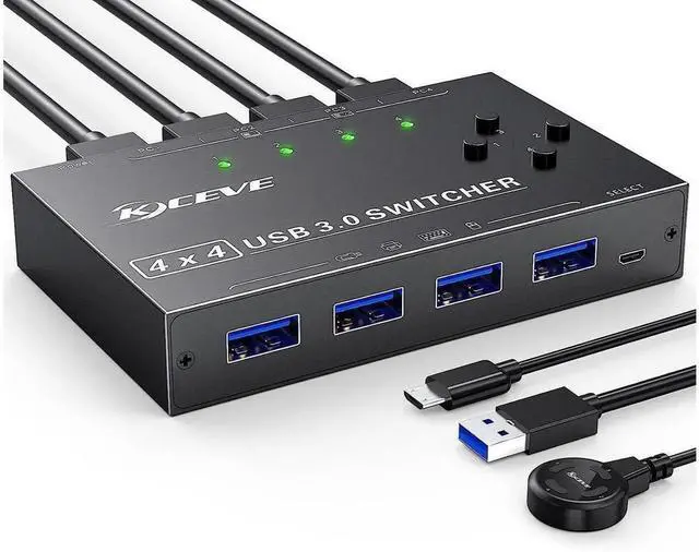 Main image of 4×4 USB 3.0 Switch Selector, 4Computersto4Devices USB Switcher for Keyboard Mouse Scanner Printer, Wired Remote Control Included, 4 PCS USB 3.0 Cables, Compatible with Mac Windows Linux System