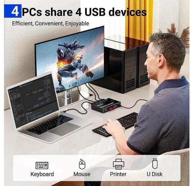 Alt view image 3 of 7 - 4×4 USB 3.0 Switch Selector, 4Computersto4Devices USB Switcher for Keyboard Mouse Scanner Printer, Wired Remote Control Included, 4 PCS USB 3.0 Cables, Compatible with Mac Windows Linux System