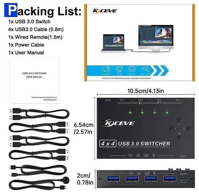 Alt view image 6 of 7 - 4×4 USB 3.0 Switch Selector, 4Computersto4Devices USB Switcher for Keyboard Mouse Scanner Printer, Wired Remote Control Included, 4 PCS USB 3.0 Cables, Compatible with Mac Windows Linux System