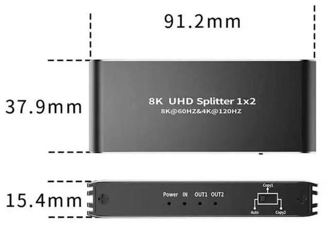 Alt view image 3 of 6 - Torpedo Nova HDMI 2.1 1x2 Splitter with Built-in Scaler, 8K@60Hz 4K@120Hz 48Gbps Bandwidth, HDCP 2.3 Bypass, HDR10 VRR ALLM Supported for PS5 Xbox Gaming Dual Monitor Setup