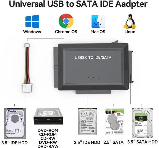 Alt view image 4 of 7 - USB 3.0 SATA IDE Hard Drive Reader Adapter, Universal HDD SSD Data Recovery Converter for 2.5/3.5 Inch SATA IDE Hard Disk, 5.25 Inch CD DVD ROM Optical Drive Data Backup Retrieval Connection Kit