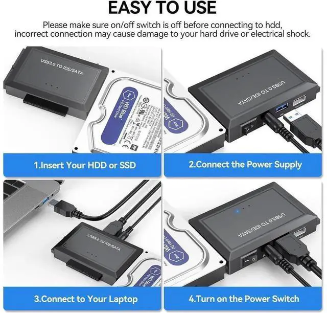 Alt view image 6 of 7 - USB 3.0 SATA IDE Hard Drive Reader Adapter, Universal HDD SSD Data Recovery Converter for 2.5/3.5 Inch SATA IDE Hard Disk, 5.25 Inch CD DVD ROM Optical Drive Data Backup Retrieval Connection Kit