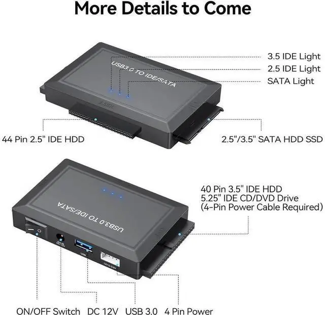 Alt view image 3 of 7 - USB 3.0 SATA IDE Hard Drive Reader Adapter, Universal HDD SSD Data Recovery Converter for 2.5/3.5 Inch SATA IDE Hard Disk, 5.25 Inch CD DVD ROM Optical Drive Data Backup Retrieval Connection Kit