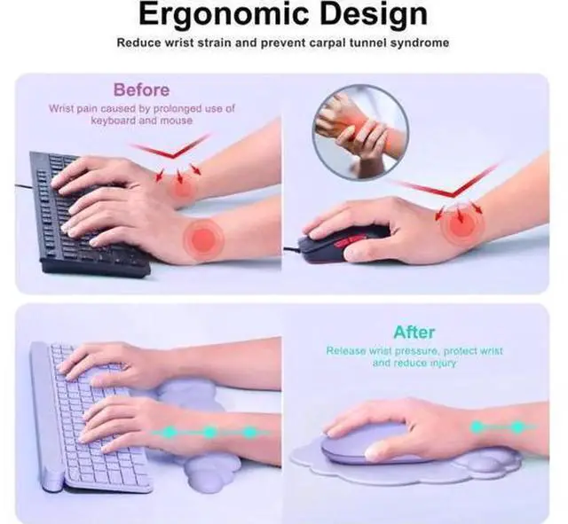 Alt view image 2 of 7 - Purple Cloud Shape Ergonomic Keyboard Wrist Rest and Mouse Pad with Integrated Wrist Support Cushion, Soft Memory Foam Non-Slip Base Desk Set for Office Typing Gaming Fatigue Relief Hand Pain Preventi