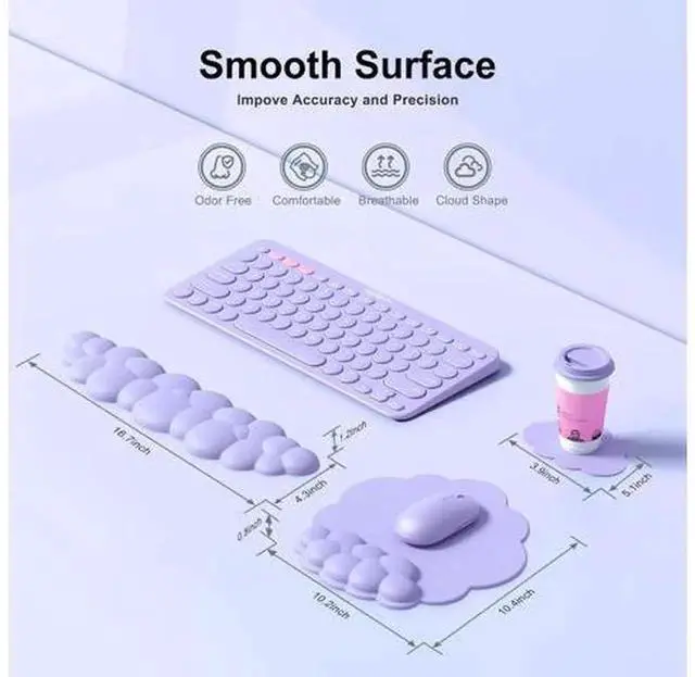 Alt view image 7 of 7 - Purple Cloud Shape Ergonomic Keyboard Wrist Rest and Mouse Pad with Integrated Wrist Support Cushion, Soft Memory Foam Non-Slip Base Desk Set for Office Typing Gaming Fatigue Relief Hand Pain Preventi