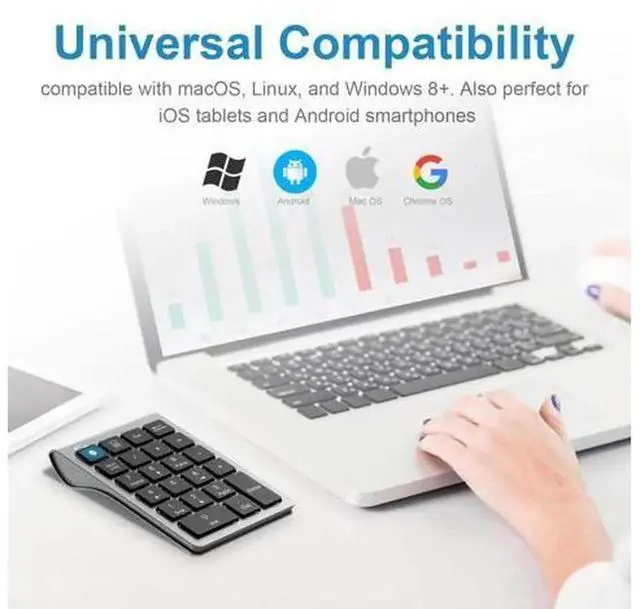 Alt view image 2 of 7 - 2 in 1 Wireless Bluetooth & Wired USB 10 Keys Numeric Keypad, Rechargeable Portable Number Pad for Laptop Desktop Notebook, Compatible with MacBook iPad ChromeBook EliteBook Windows and iOS Devices