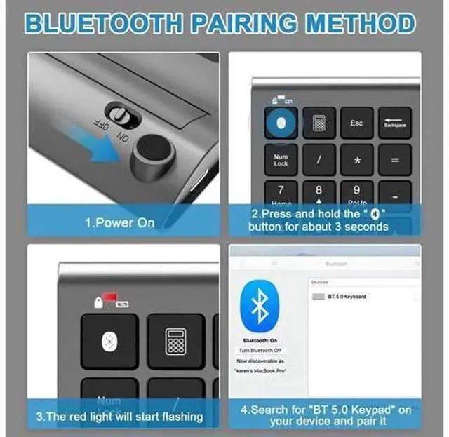Alt view image 4 of 7 - 2 in 1 Wireless Bluetooth & Wired USB 10 Keys Numeric Keypad, Rechargeable Portable Number Pad for Laptop Desktop Notebook, Compatible with MacBook iPad ChromeBook EliteBook Windows and iOS Devices